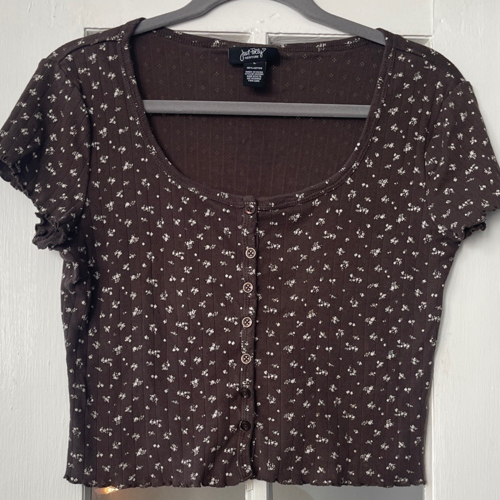 Brown Floral Button-Up Crop Top